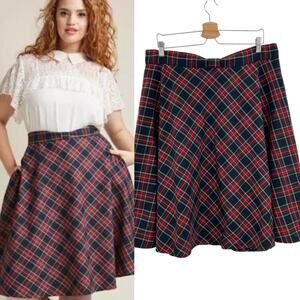 ModCloth Swingy Full Skirt Plaid Check Print Bow Waist Blue‎ Red Plus Size 1X
